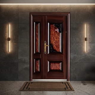 Stylish and Secure Steel Door Red Brown Wood Grain Design Exterior for Home