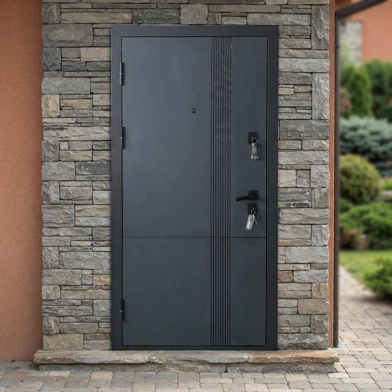 Russia Design Metal Steel Entry Doors Black Metal and Front Wood Security Doors for Home