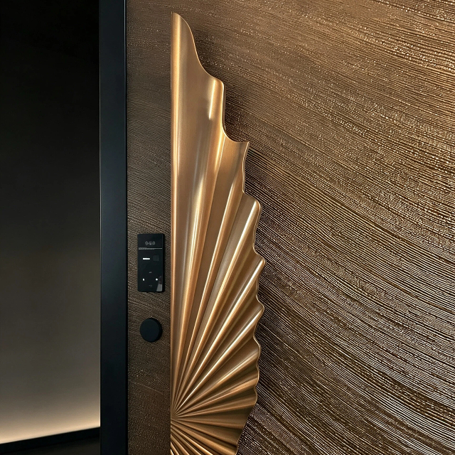 Custom Textured Aluminum Pivot Door with Art Gold Handle Intelligent Visual Smart Lock Premium Security Main Front Door for Luxury Villas