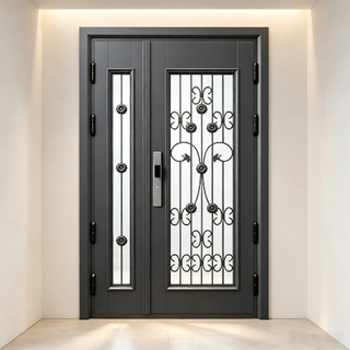 Weatherproof Outdoor Glass Security Door Galvanized Steel Door with Custom Wrought Iron Glass Wholesale Bulk Supply from Door Factory