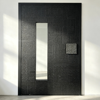 Modern Minimalist Black Textured Pivot Entry Door, Custom Size Aluminum Central Front Door with Carve Craft and Glass Window