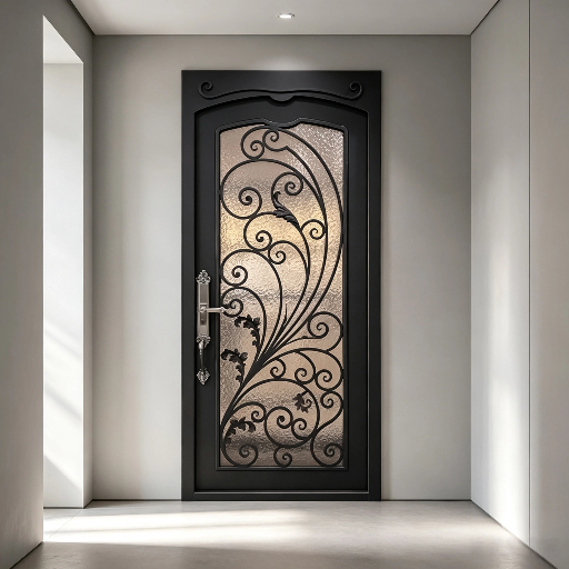 Modern Front Entry Door With Decorative Glass Inserts And Weather Resistant Heavy Duty Metal Construction Frame