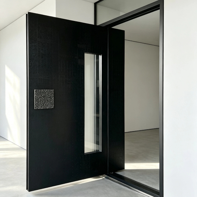 Modern Minimalist Black Textured Pivot Entry Door, Custom Size Aluminum Central Front Door with Carve Craft and Glass Window