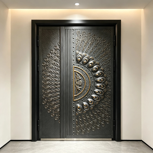 High End Cast Aluminum Pivot Door With Beautiful Double Sided Decorative Patterns And Anti Rust Surface Treatment