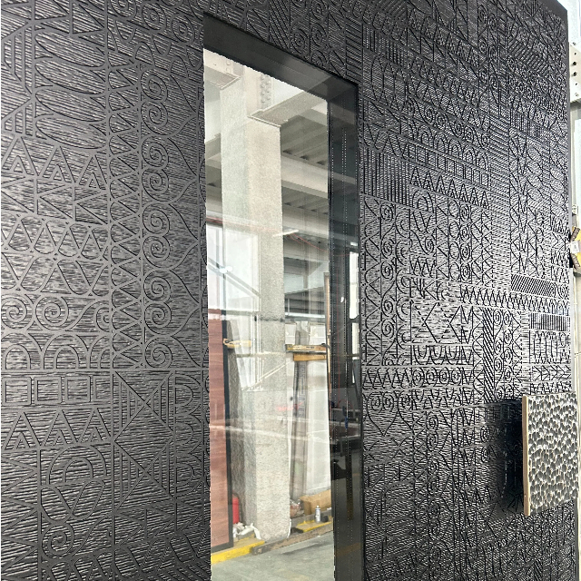 Modern Minimalist Black Textured Pivot Entry Door, Custom Size Aluminum Central Front Door with Carve Craft and Glass Window